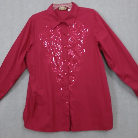 Bob Mackie | Cotton Sequin Shirt Blouse Dark Red Button Front | Size L - Picture 2 of 9
